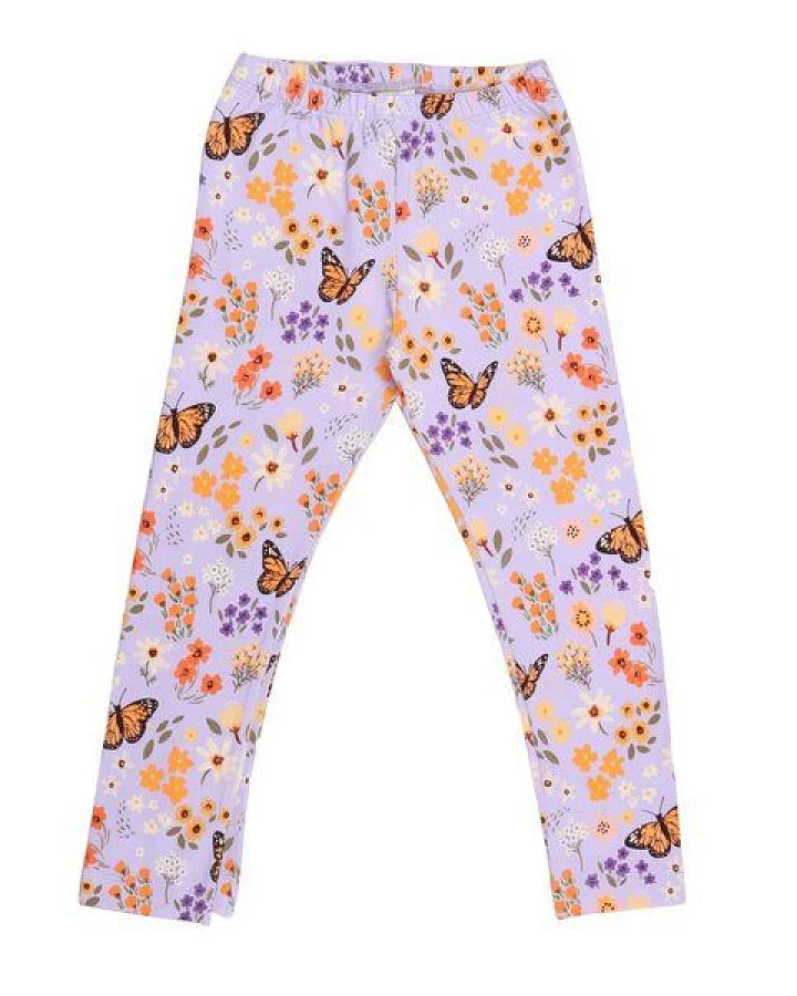 Kinder Leggings GOTS zertifiziert – Bio-Baumwolle mit Elasthan, Helllila mit Blumen- und Schmetterlingsmotiv
