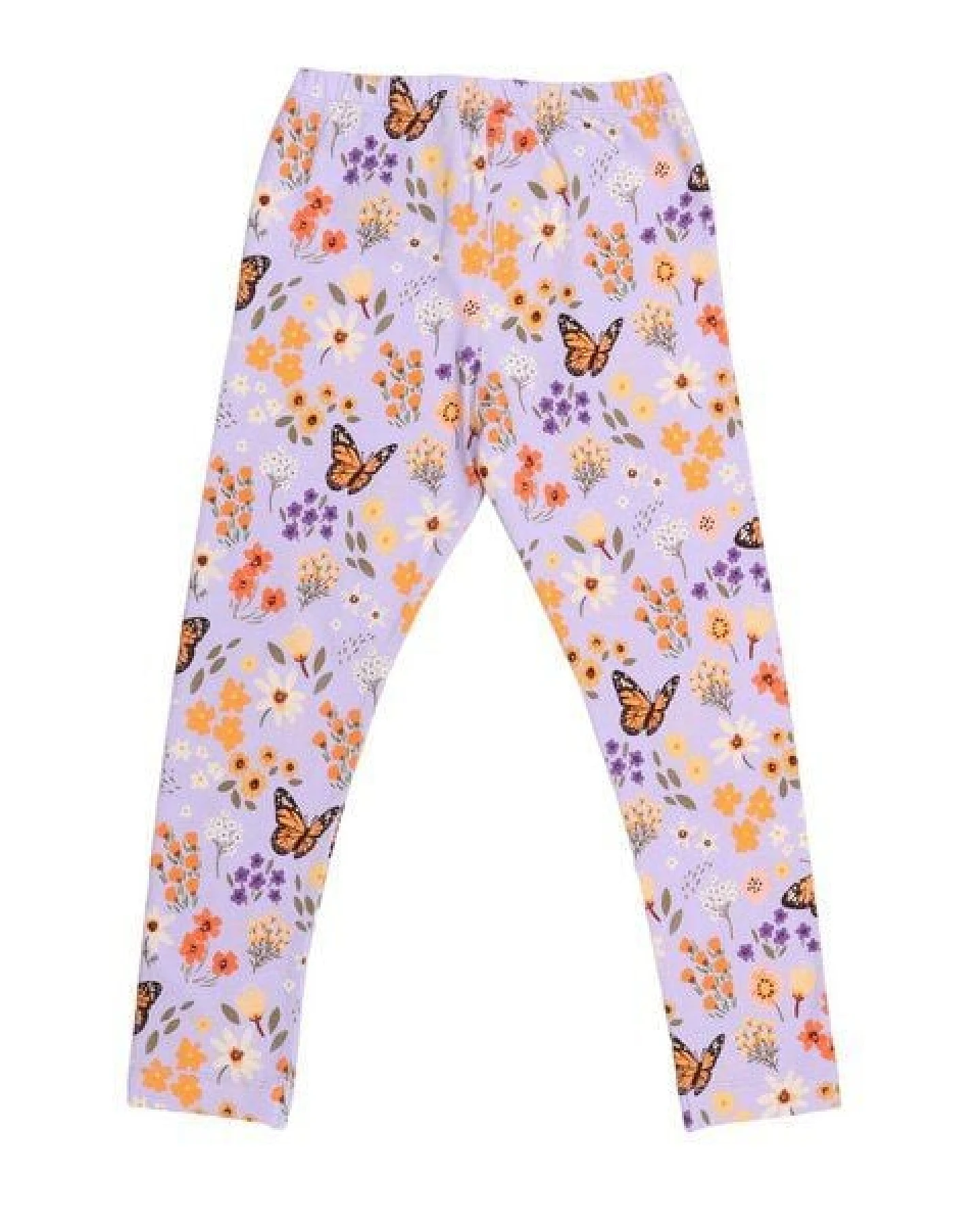 Kinder Leggings GOTS zertifiziert – Bio-Baumwolle mit Elasthan, Helllila mit Blumen- und Schmetterlingsmotiv – Ansicht 3