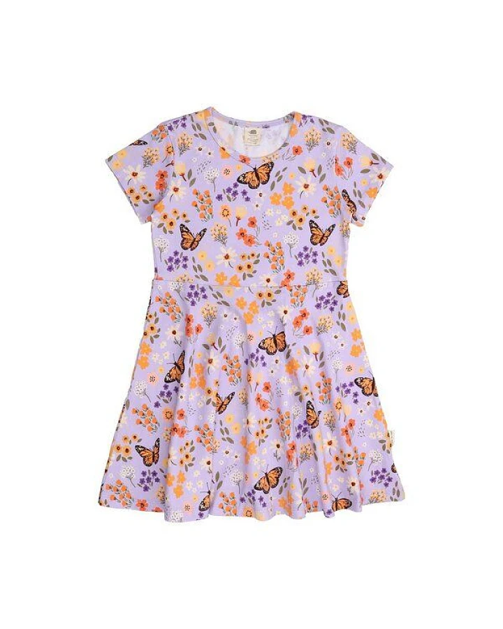 Kinder Kleid GOTS-zertifiziert aus Bio-Baumwolle, lila mit Blumen-und-Schmetterlings-Print, kurzarm, ausgestellter Rock – Walkiddy