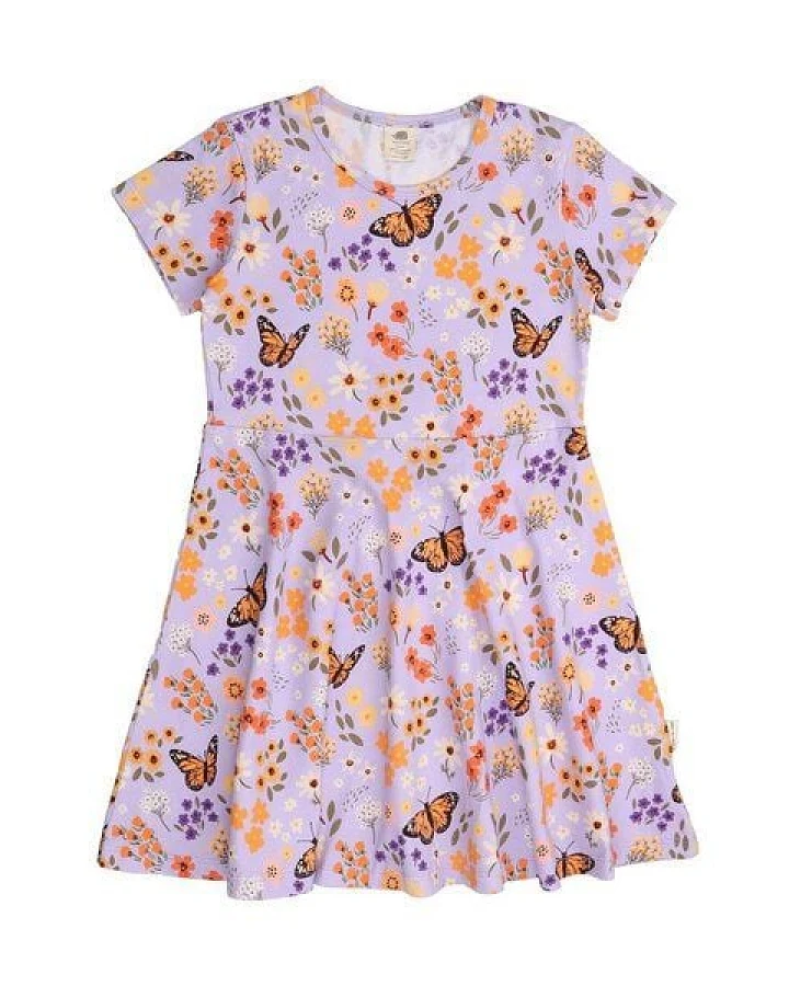 Kinder Kleid GOTS-zertifiziert aus Bio-Baumwolle, lila mit Blumen-und-Schmetterlings-Print, kurzarm, ausgestellter Rock – Walkiddy