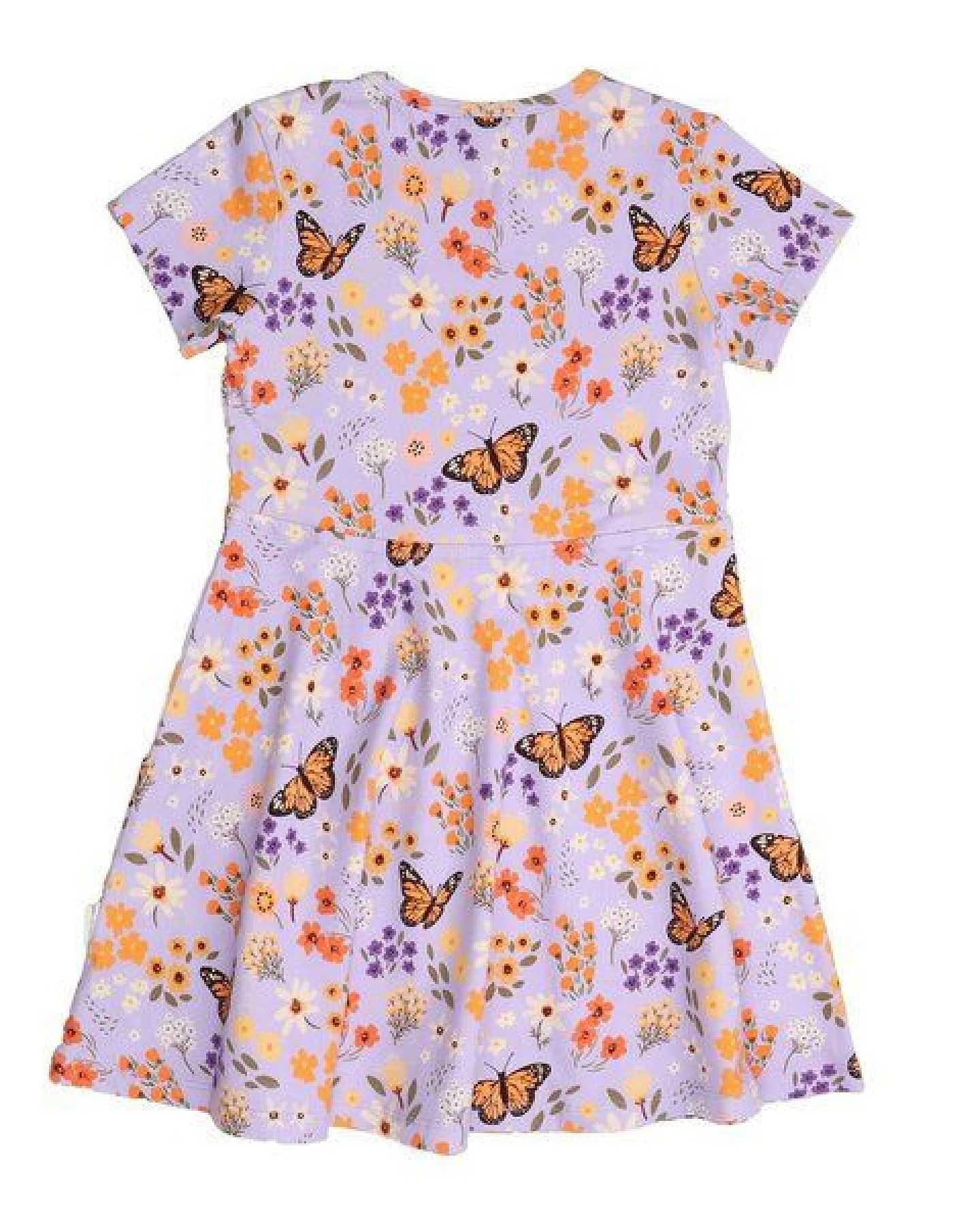 Kinder Kleid GOTS-zertifiziert aus Bio-Baumwolle, lila mit Blumen-und-Schmetterlings-Print, kurzarm, ausgestellter Rock – Walkiddy – Ansicht 4