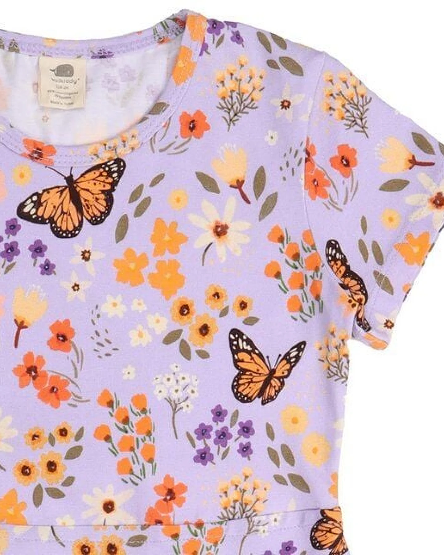 Kinder Kleid GOTS-zertifiziert aus Bio-Baumwolle, lila mit Blumen-und-Schmetterlings-Print, kurzarm, ausgestellter Rock – Walkiddy – Ansicht 3