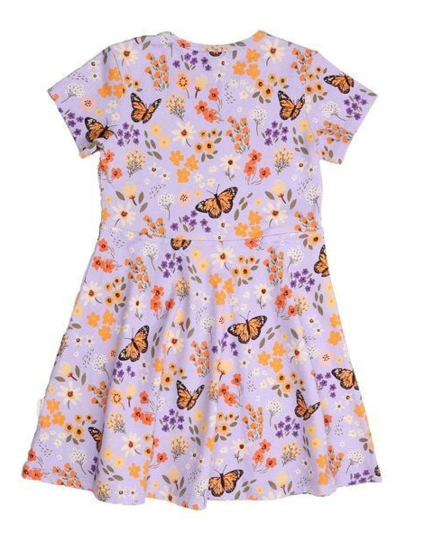 Kinder Kleid GOTS-zertifiziert aus Bio-Baumwolle, lila mit Blumen-und-Schmetterlings-Print, kurzarm, ausgestellter Rock – Walkiddy – Ansicht 4
