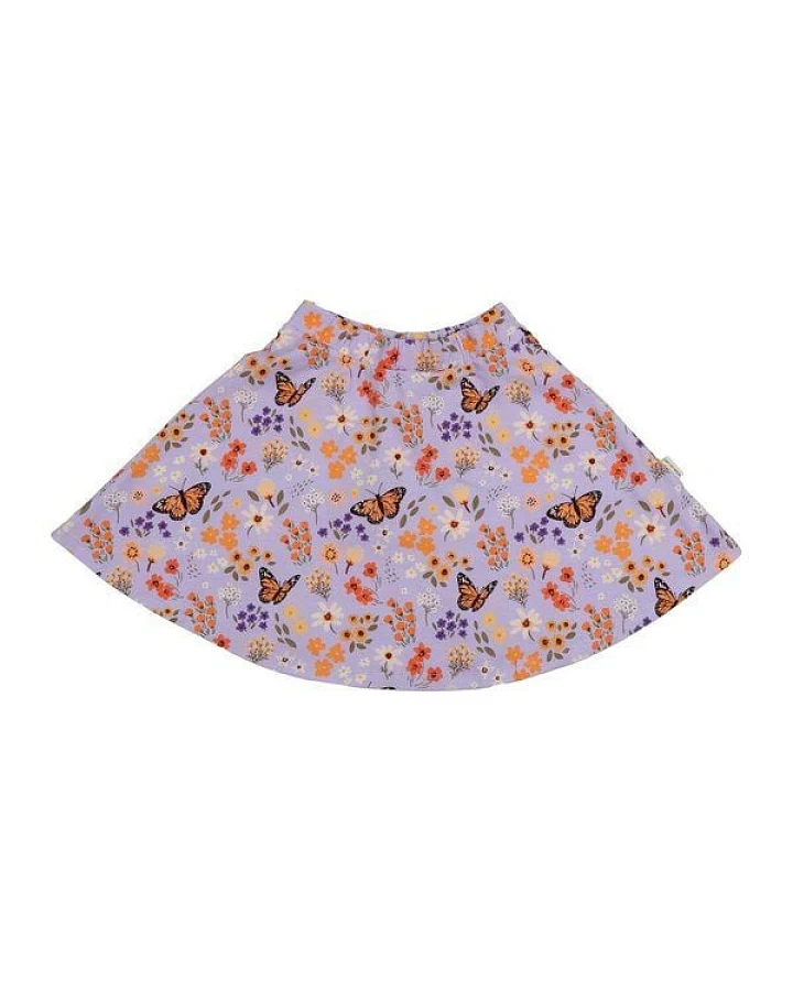 Kinder Rock Bio-Baumwolle GOTS Flowers and Butterflies lila A-Linienrock von Walkiddy, nachhaltig, hautfreundlich, fair produziert, bequemer Mädchenrock für jeden Tag