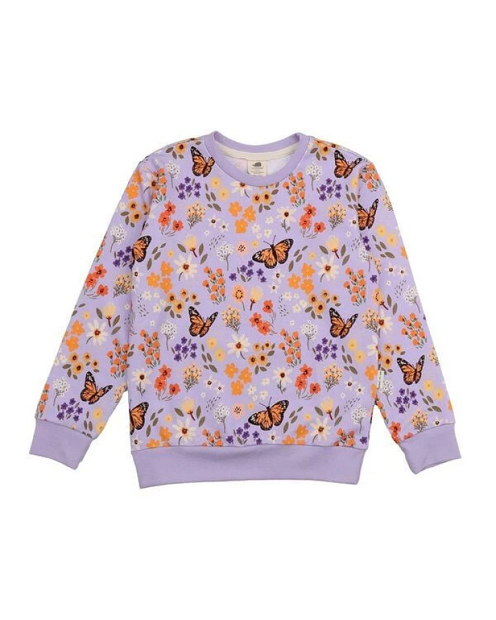 Kinder Sweatshirt – Helllila mit Blumen- und Schmetterlingsmuster, weich & bequem, wärmend, alltagstauglich