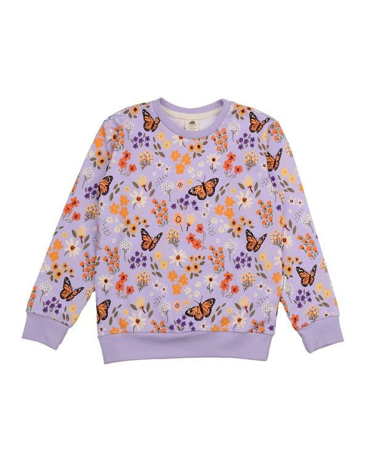 Kinder Sweatshirt – Helllila mit Blumen- und Schmetterlingsmuster, weich & bequem, wärmend, alltagstauglich