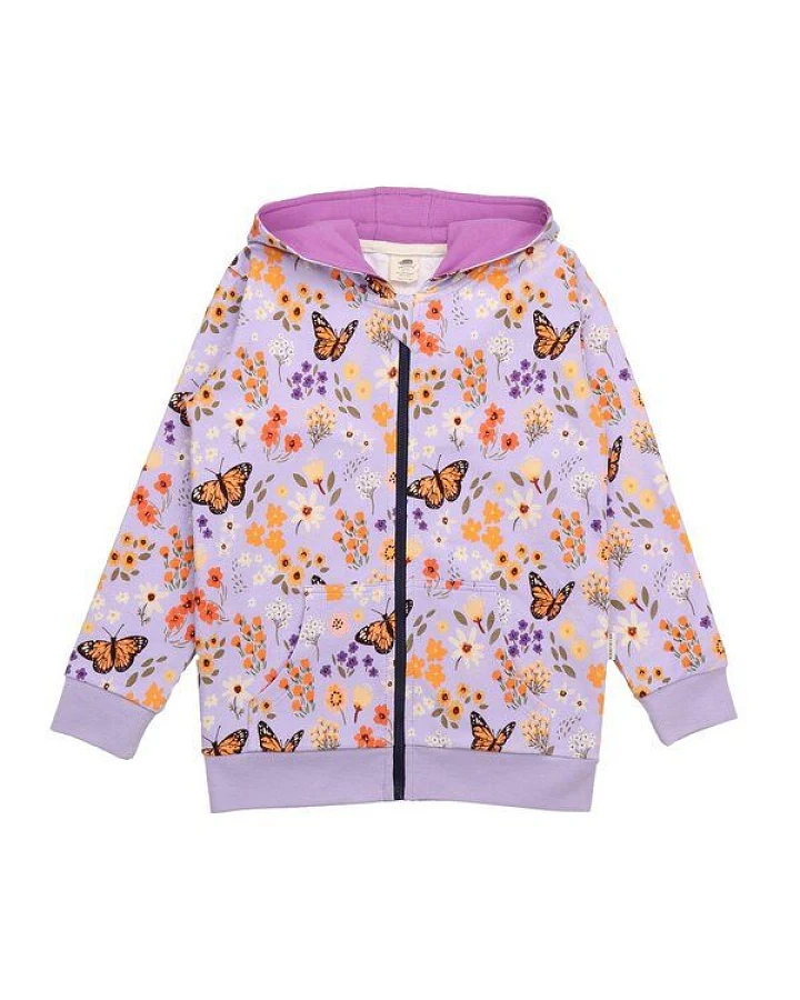 Kinder Sweatjacke GOTS zertifiziert, Bio-Baumwolle, lila, „Flowers & Butterflies“, Kapuze, Reißverschluss – Walkiddy