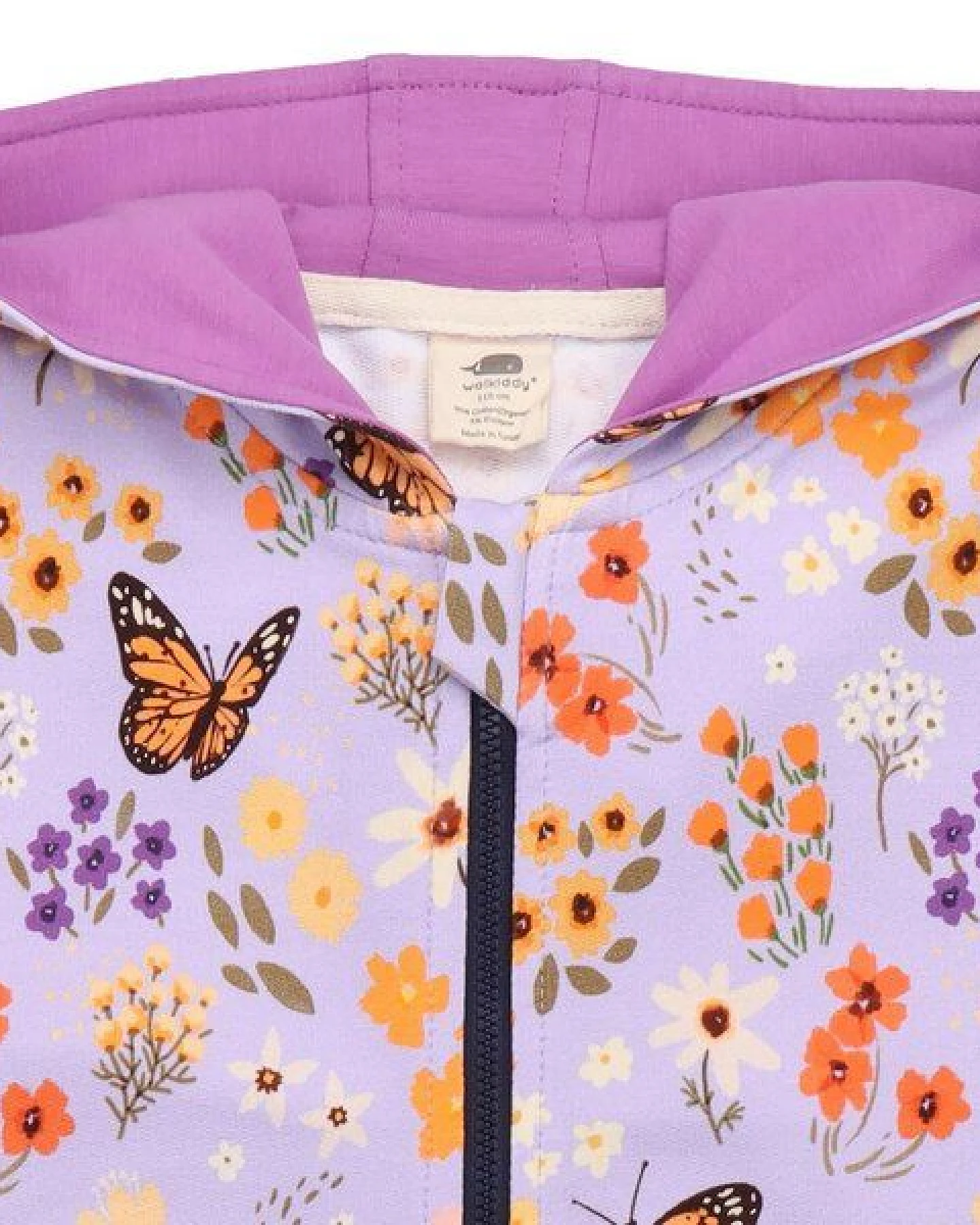 Kinder Sweatjacke GOTS zertifiziert, Bio-Baumwolle, lila, „Flowers & Butterflies“, Kapuze, Reißverschluss – Walkiddy – Ansicht 3