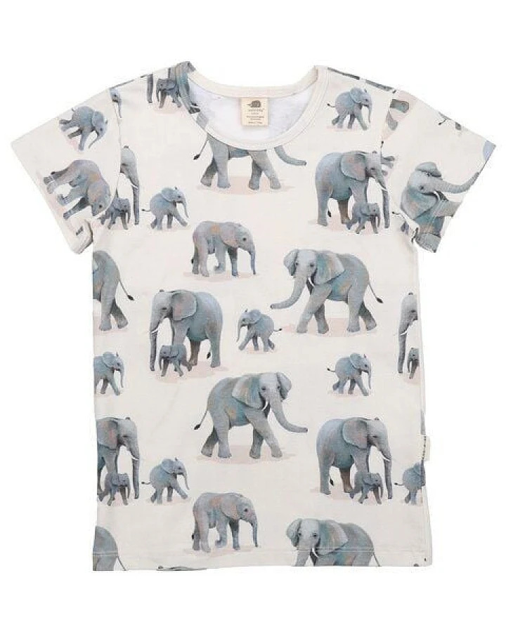 Kinder T-Shirt GOTS-zertifiziert aus Bio-Baumwolle, weiß mit Elefantenprint, kurzarm – Walkiddy, weich, hautfreundlich & alltagstauglich