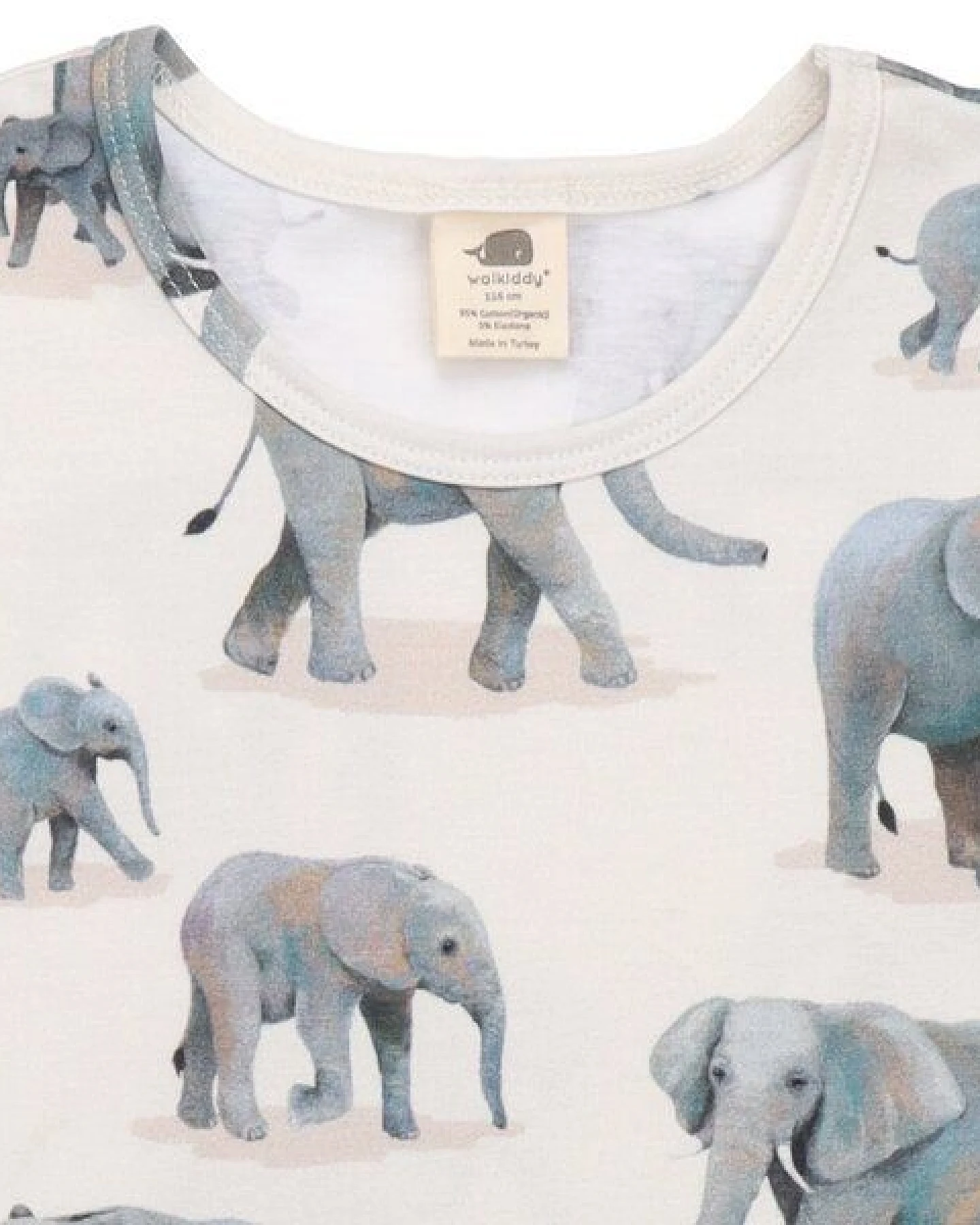 Kinder T-Shirt GOTS-zertifiziert aus Bio-Baumwolle, weiß mit Elefantenprint, kurzarm – Walkiddy, weich, hautfreundlich & alltagstauglich – Ansicht 3