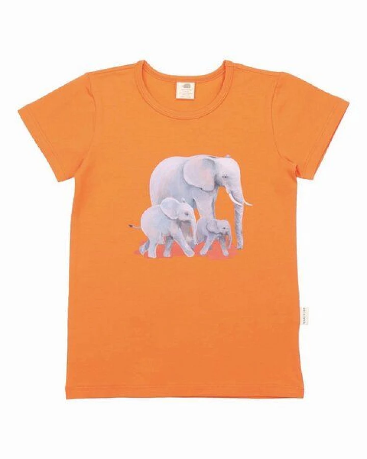 Kleinkinder T-Shirt GOTS zertifiziert, Bio-Baumwolle, orange, Elefantenprint, weich & bequem – Walkiddy