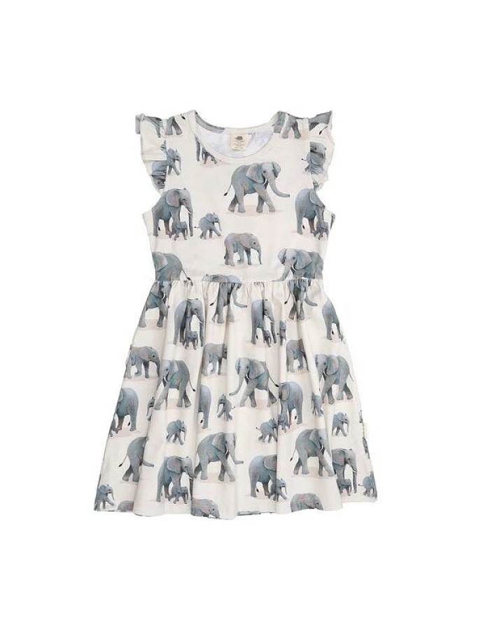 Kleinkinder Kleid – Bio-Baumwolle, Rüschenärmel, Elefanten-Print, hell, bequem