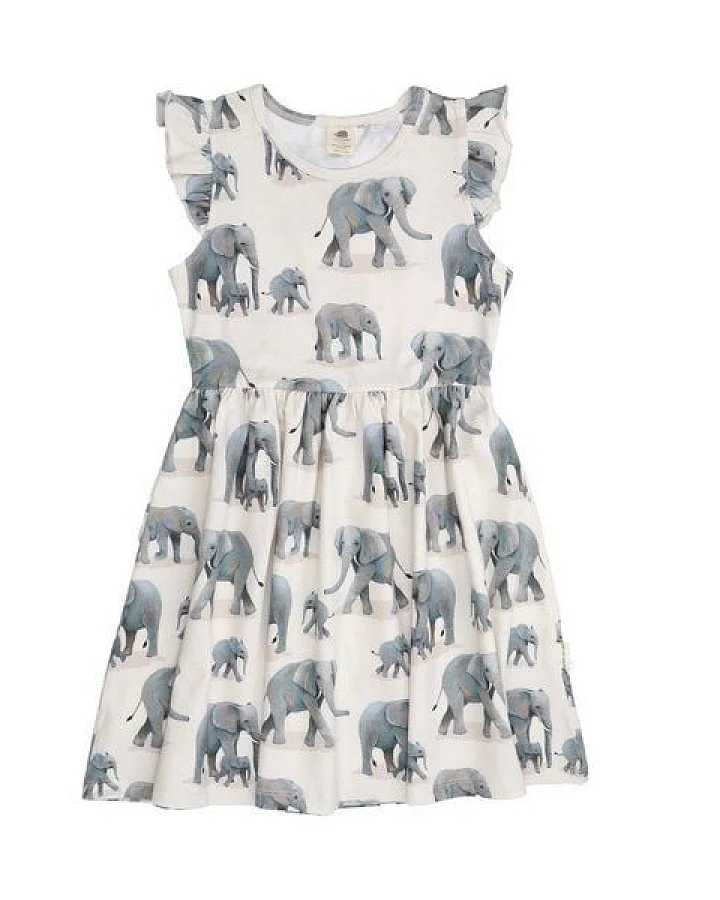 Kleinkinder Kleid – Bio-Baumwolle, Rüschenärmel, Elefanten-Print, hell, bequem