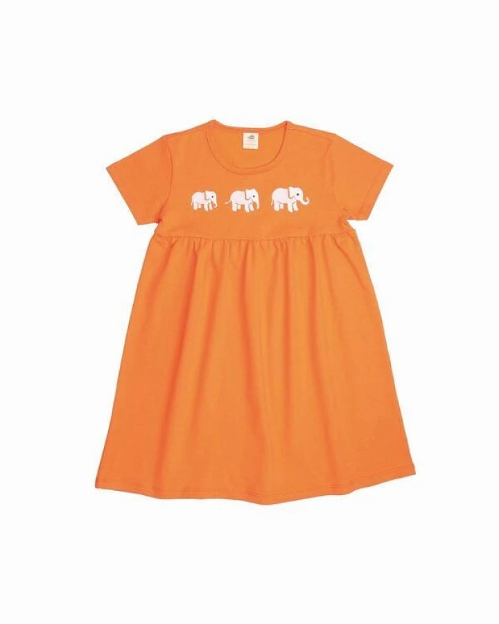 Kleinkinder Babydoll Kleid GOTS-zertifiziert aus Bio-Baumwolle orange mit Elefanten-Motiv – Walkiddy