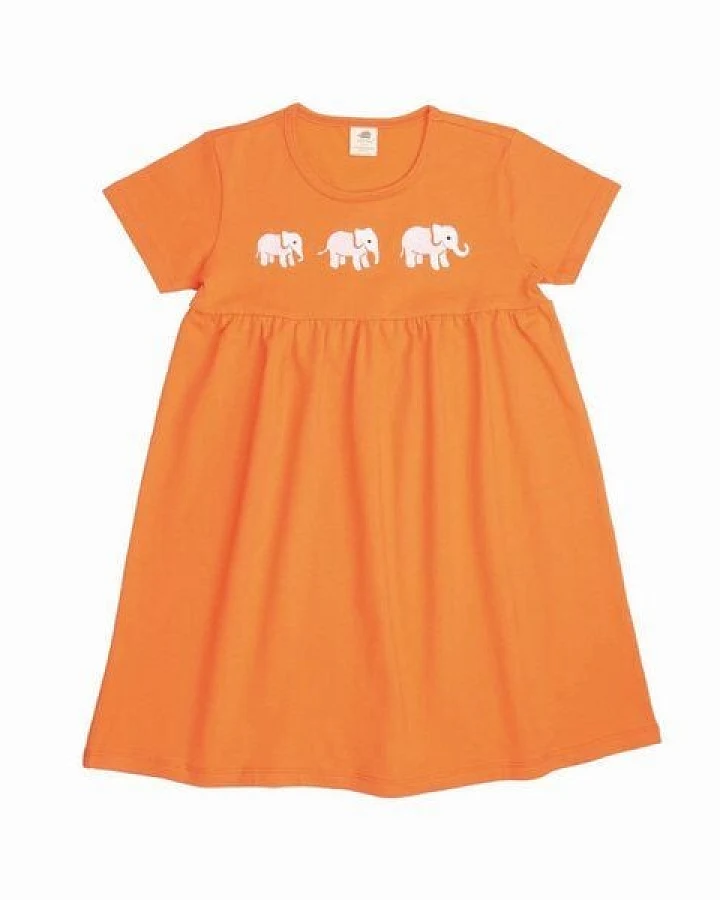 Kleinkinder Babydoll Kleid GOTS-zertifiziert aus Bio-Baumwolle orange mit Elefanten-Motiv – Walkiddy
