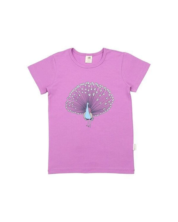 Kinder T-Shirt GOTS-zertifiziert aus Bio-Baumwolle lila mit Pfauen-Motiv – Walkiddy