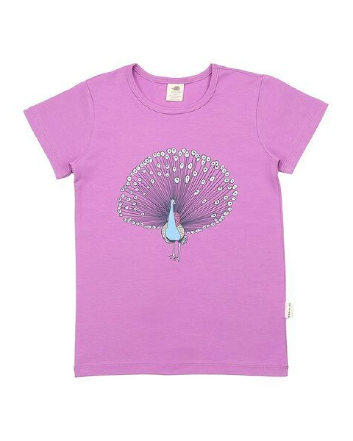 Kinder T-Shirt GOTS-zertifiziert aus Bio-Baumwolle lila mit Pfauen-Motiv – Walkiddy