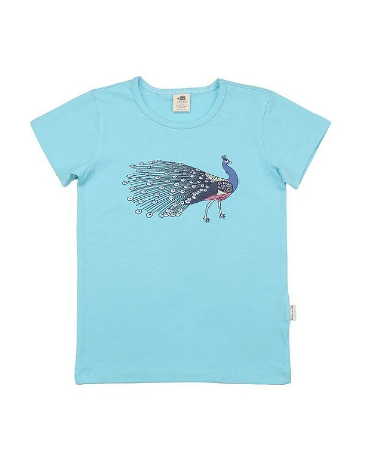 Kinder T-Shirt GOTS zertifiziert, hellblau, Pfau-Print „Fancy Peacocks“, Bio-Baumwolle, weich – Walkiddy