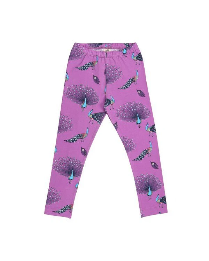 Kinder Leggings GOTS-zertifiziert aus Bio-Baumwolle lila mit Pfauenfeder-Muster – Walkiddy