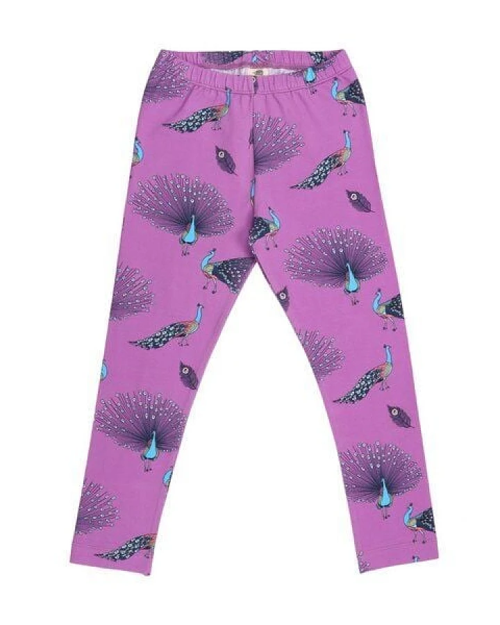 Kinder Leggings GOTS-zertifiziert aus Bio-Baumwolle lila mit Pfauenfeder-Muster – Walkiddy