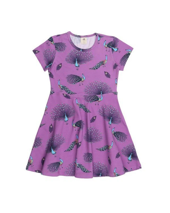 Kleinkinder Kleid – Bio-Baumwolle, Lila mit Pfauen-Print, bequem, Kurzarm, alltagstauglich