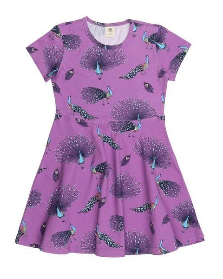 Kleinkinder Kleid – Bio-Baumwolle, Lila mit Pfauen-Print, bequem, Kurzarm, alltagstauglich