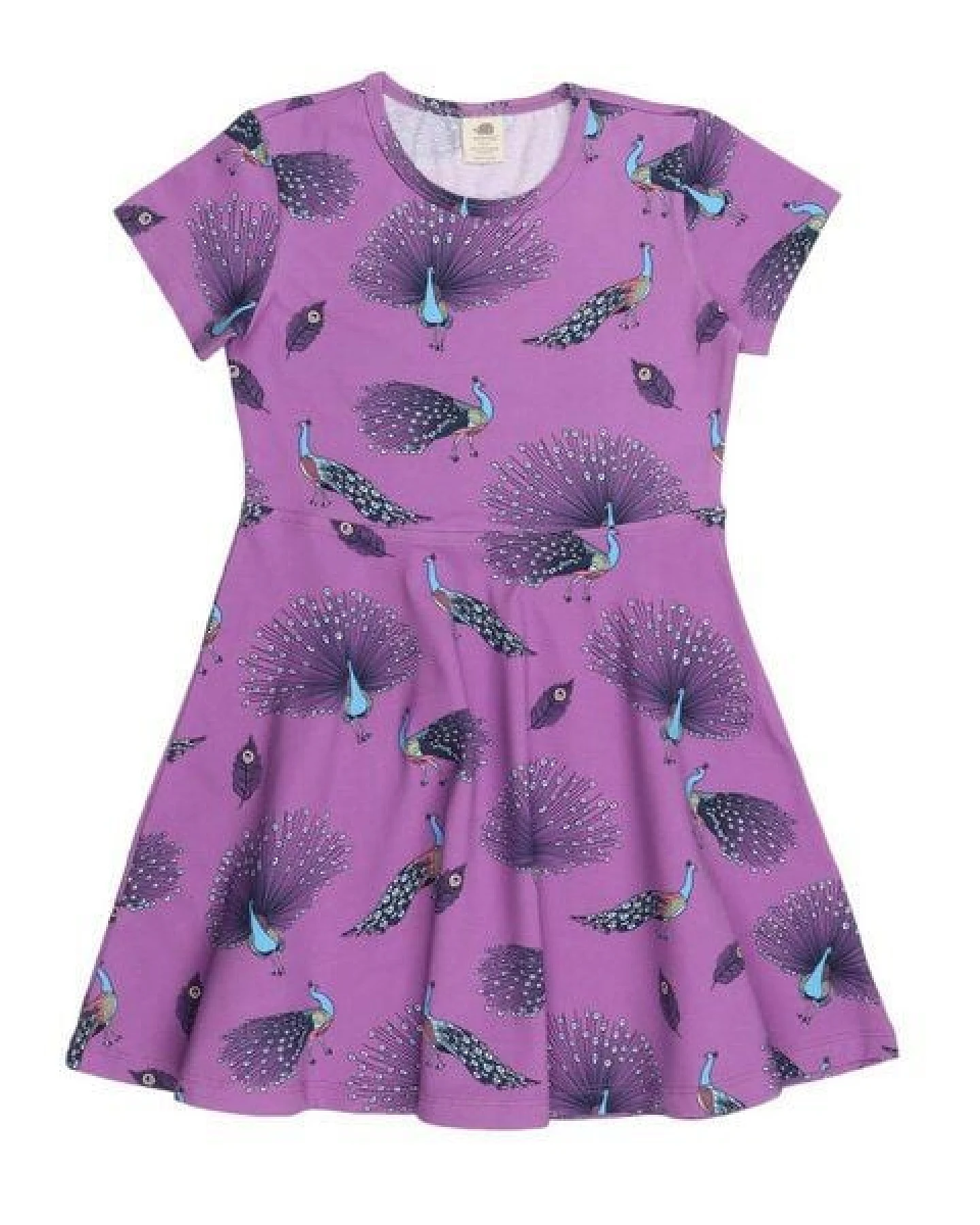 Kleinkinder Kleid – Bio-Baumwolle, Lila mit Pfauen-Print, bequem, Kurzarm, alltagstauglich – Ansicht 2