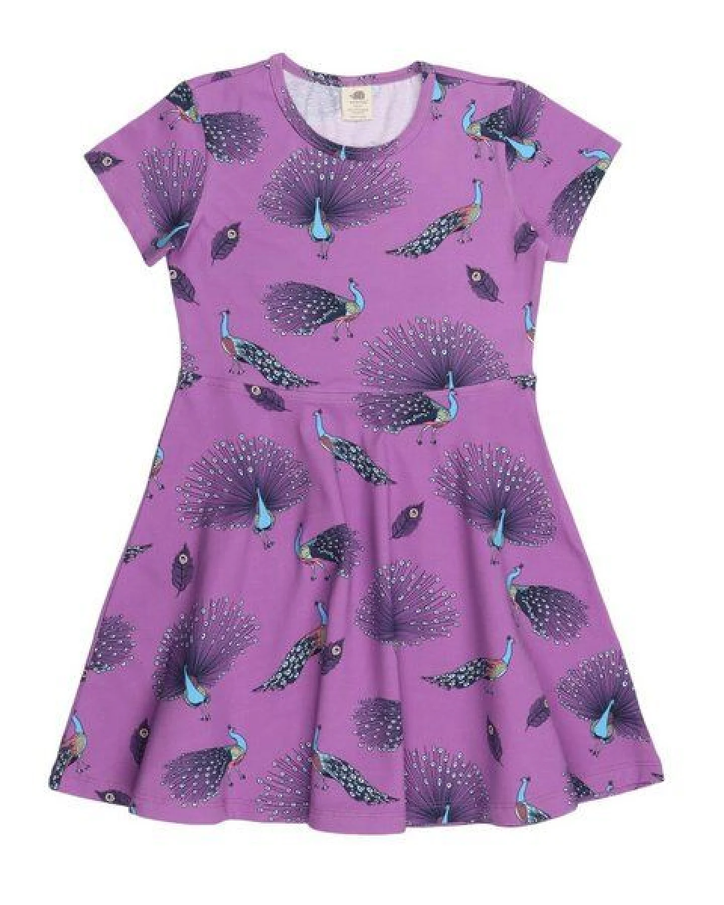 Kleinkinder Kleid – Bio-Baumwolle, Lila mit Pfauen-Print, bequem, Kurzarm, alltagstauglich – Ansicht 2