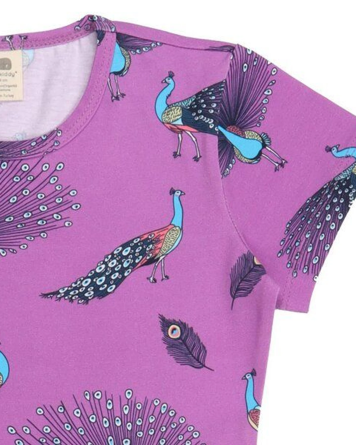 Kleinkinder Kleid – Bio-Baumwolle, Lila mit Pfauen-Print, bequem, Kurzarm, alltagstauglich – Ansicht 3