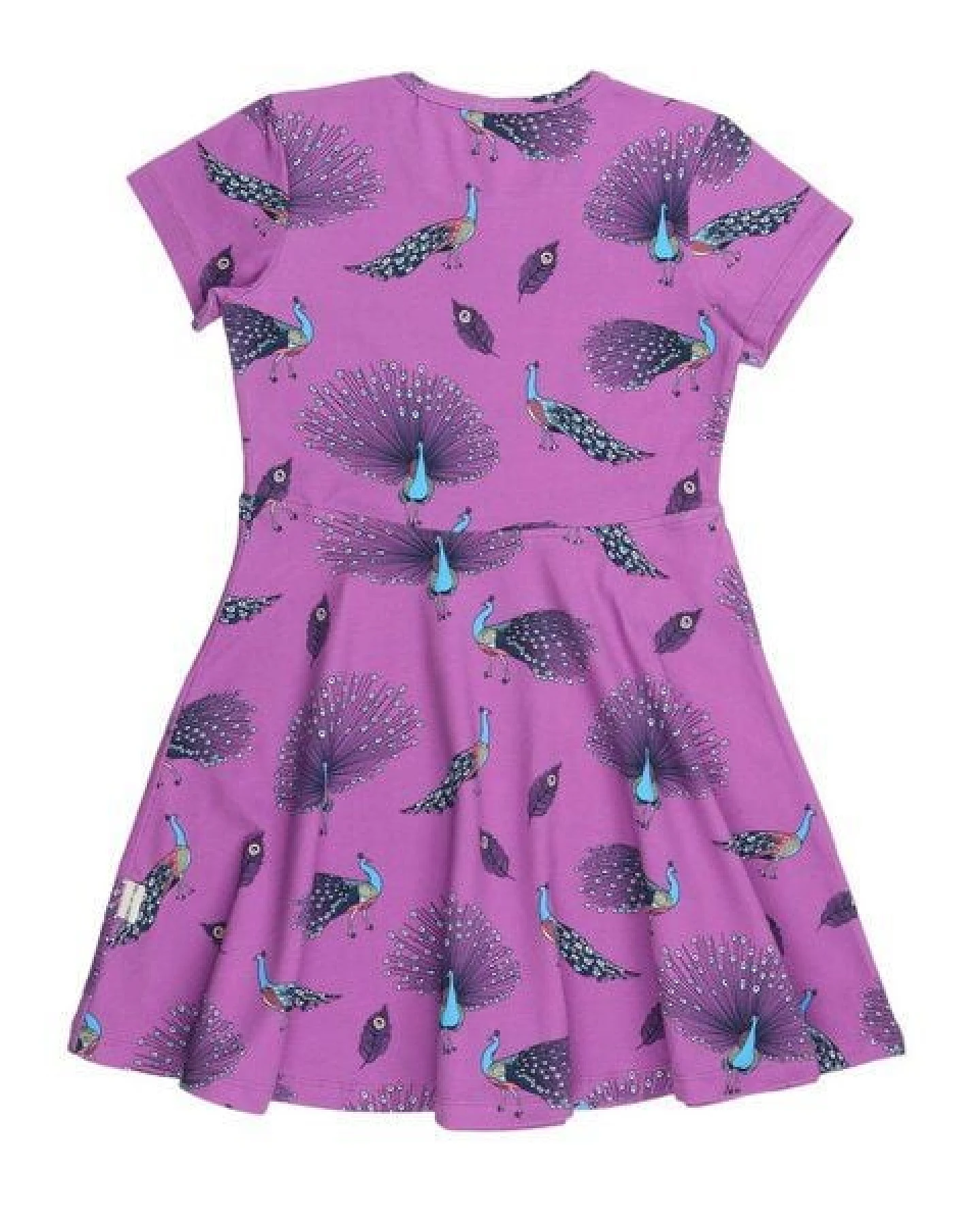 Kleinkinder Kleid – Bio-Baumwolle, Lila mit Pfauen-Print, bequem, Kurzarm, alltagstauglich – Ansicht 4
