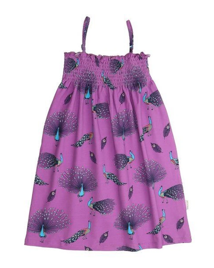 Kinder Trägerkleid GOTS zertifiziert, Bio-Baumwolle, lila, Pfauenmuster, leicht & bequem – Walkiddy