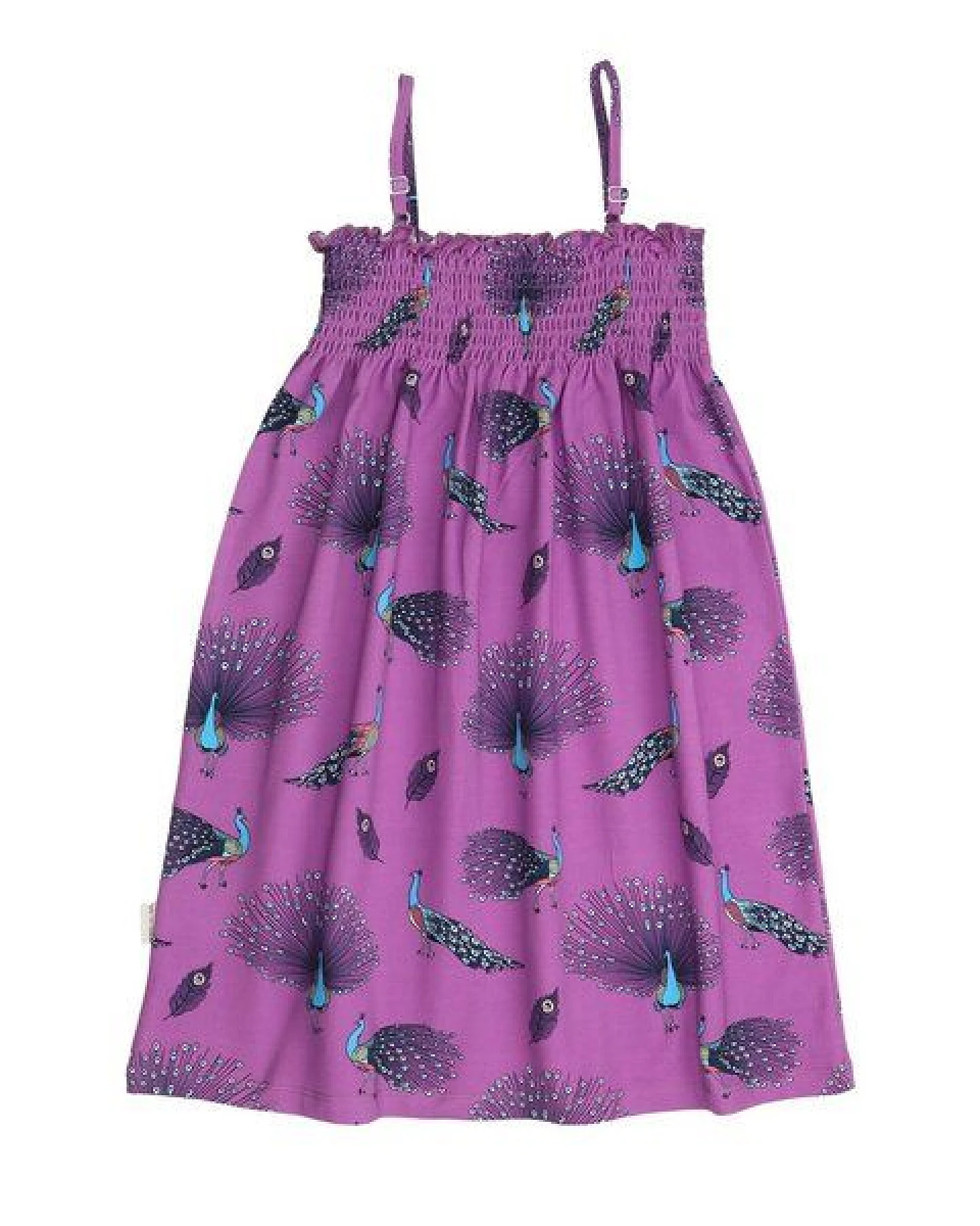 Kinder Trägerkleid GOTS zertifiziert, Bio-Baumwolle, lila, Pfauenmuster, leicht & bequem – Walkiddy – Ansicht 4