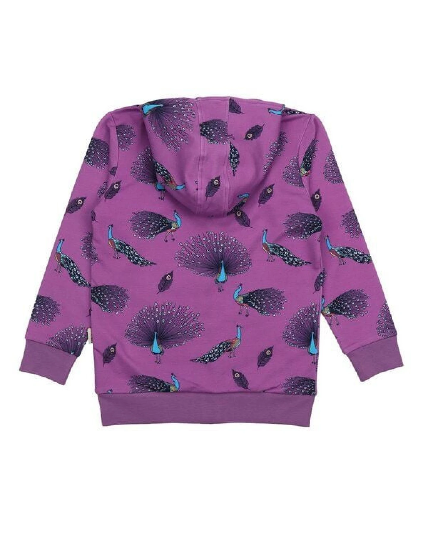 Kinder Sweatjacke GOTS zertifiziert, Bio-Baumwolle, lila, Pfauen-Muster „Fancy Peacocks“, Kapuze, Reißverschluss – Walkiddy – Ansicht 4