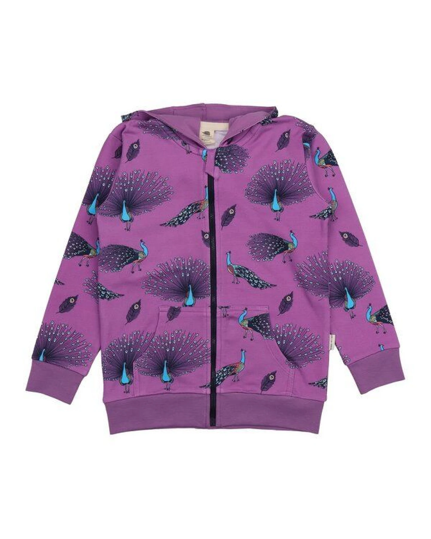 Kinder Sweatjacke GOTS zertifiziert, Bio-Baumwolle, lila, Pfauen-Muster „Fancy Peacocks“, Kapuze, Reißverschluss – Walkiddy – Ansicht 2