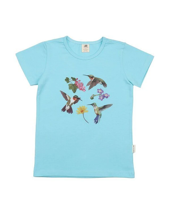Kinder T-Shirt GOTS zertifiziert – Bio-Baumwolle, Hellblau mit Kolibri- & Blumenmotiv