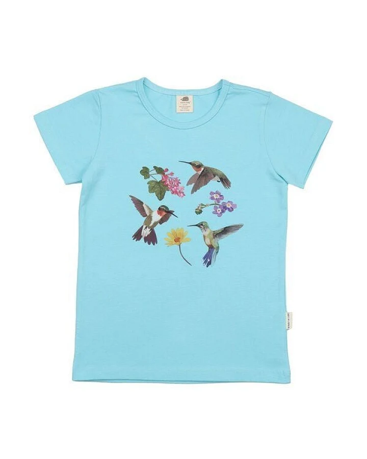 Kinder T-Shirt GOTS zertifiziert – Bio-Baumwolle, Hellblau mit Kolibri- & Blumenmotiv