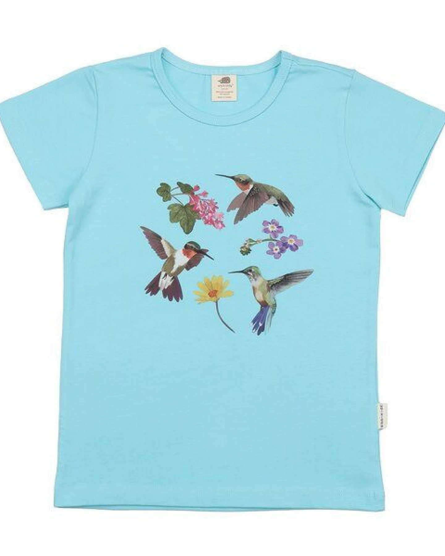 Kinder T-Shirt GOTS zertifiziert – Bio-Baumwolle, Hellblau mit Kolibri- & Blumenmotiv – Ansicht 2