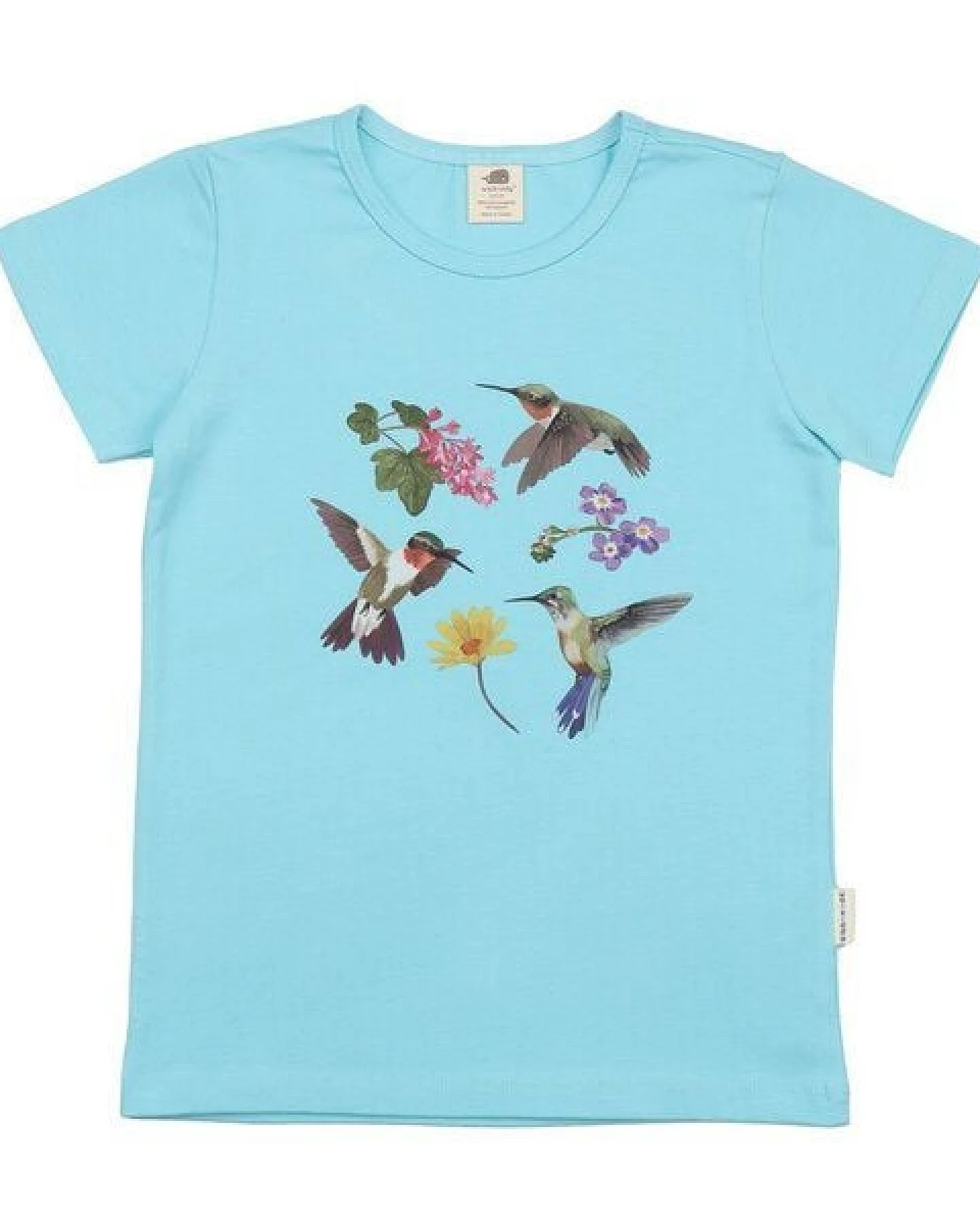 Kinder T-Shirt GOTS zertifiziert – Bio-Baumwolle, Hellblau mit Kolibri- & Blumenmotiv – Ansicht 2