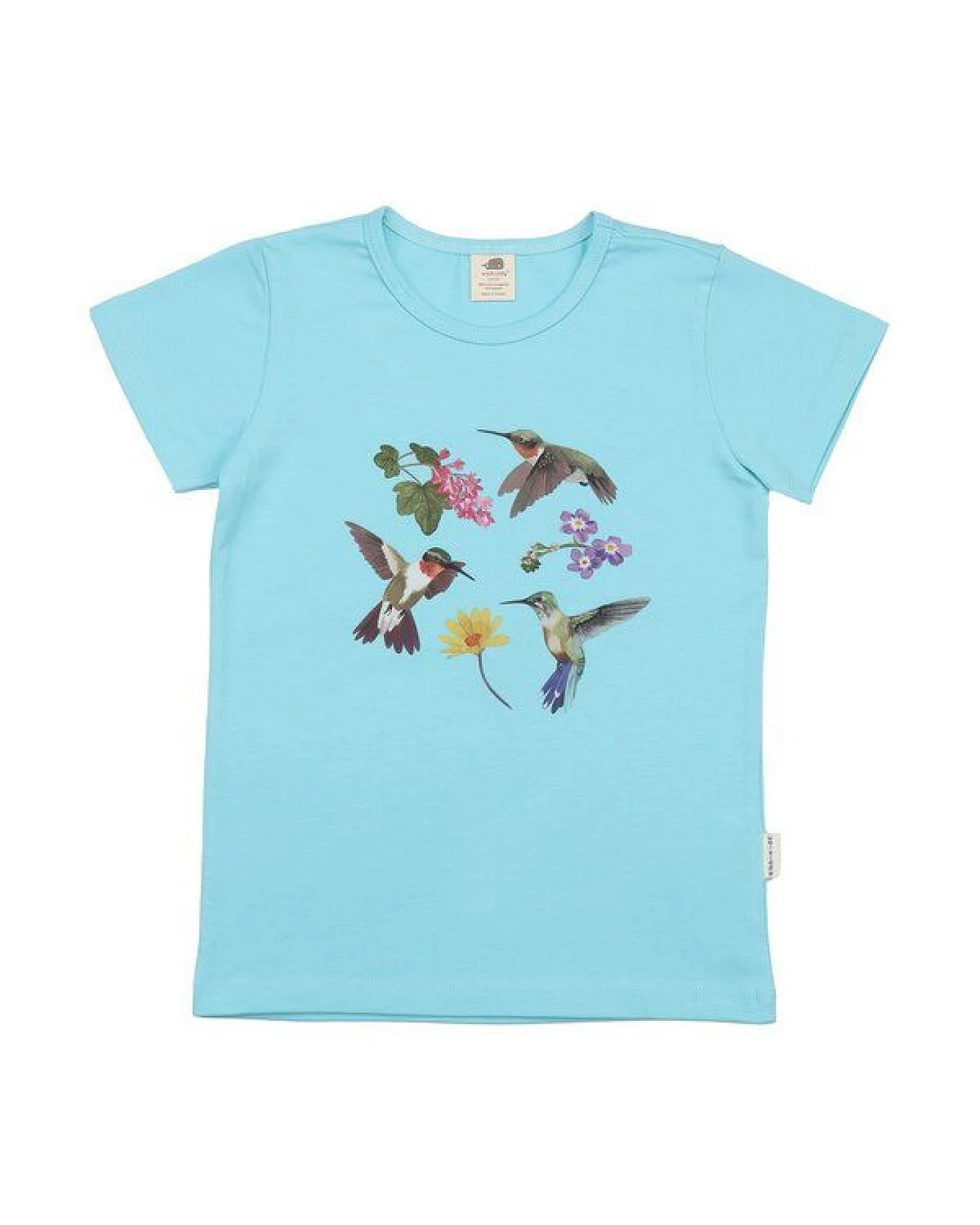 Kinder T-Shirt GOTS zertifiziert – Bio-Baumwolle, Hellblau mit Kolibri- & Blumenmotiv – Ansicht 2