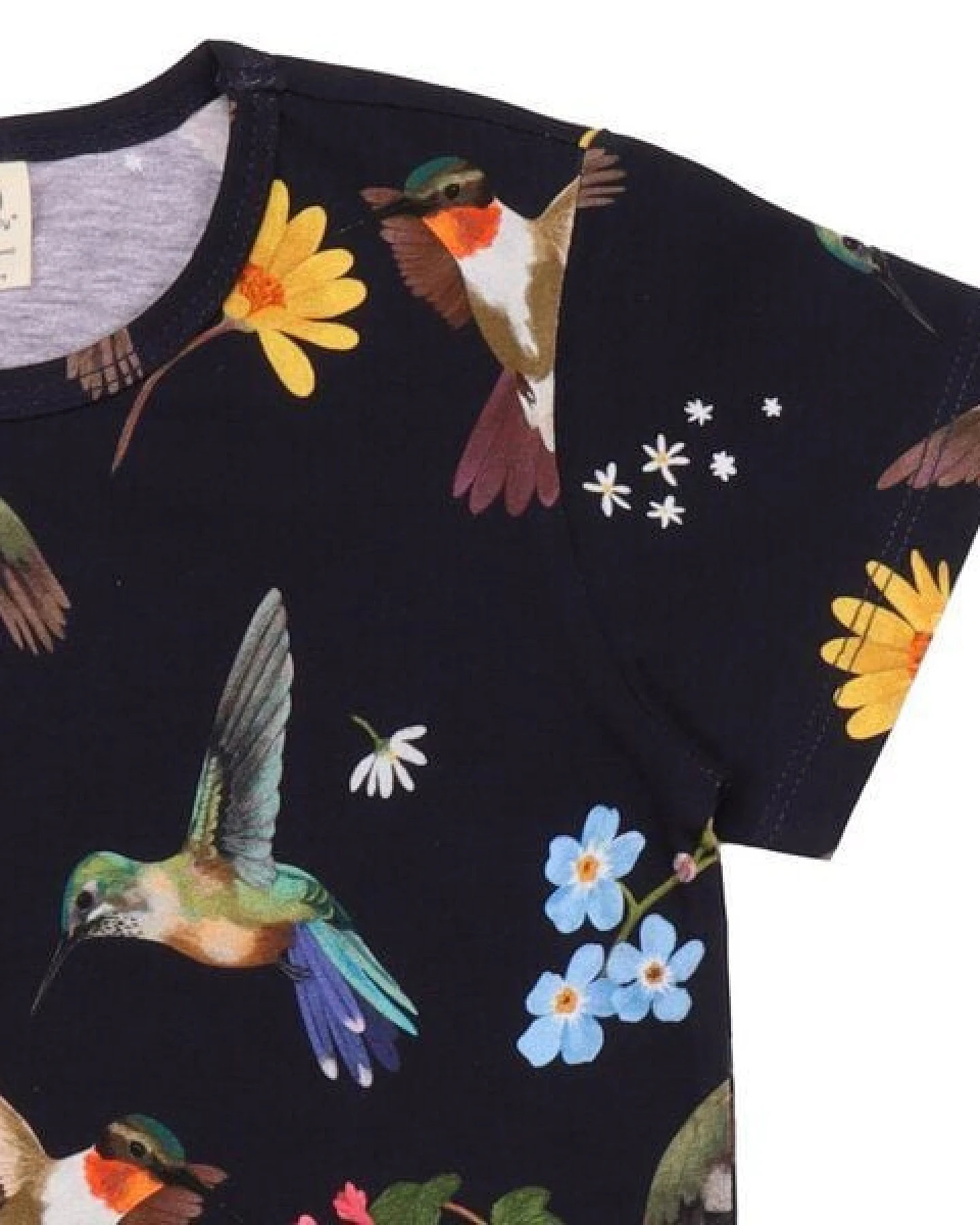 Kinder T-Shirt aus Bio-Baumwolle schwarz mit Kolibri- und Blumen-Motiv – Walkiddy – Ansicht 4