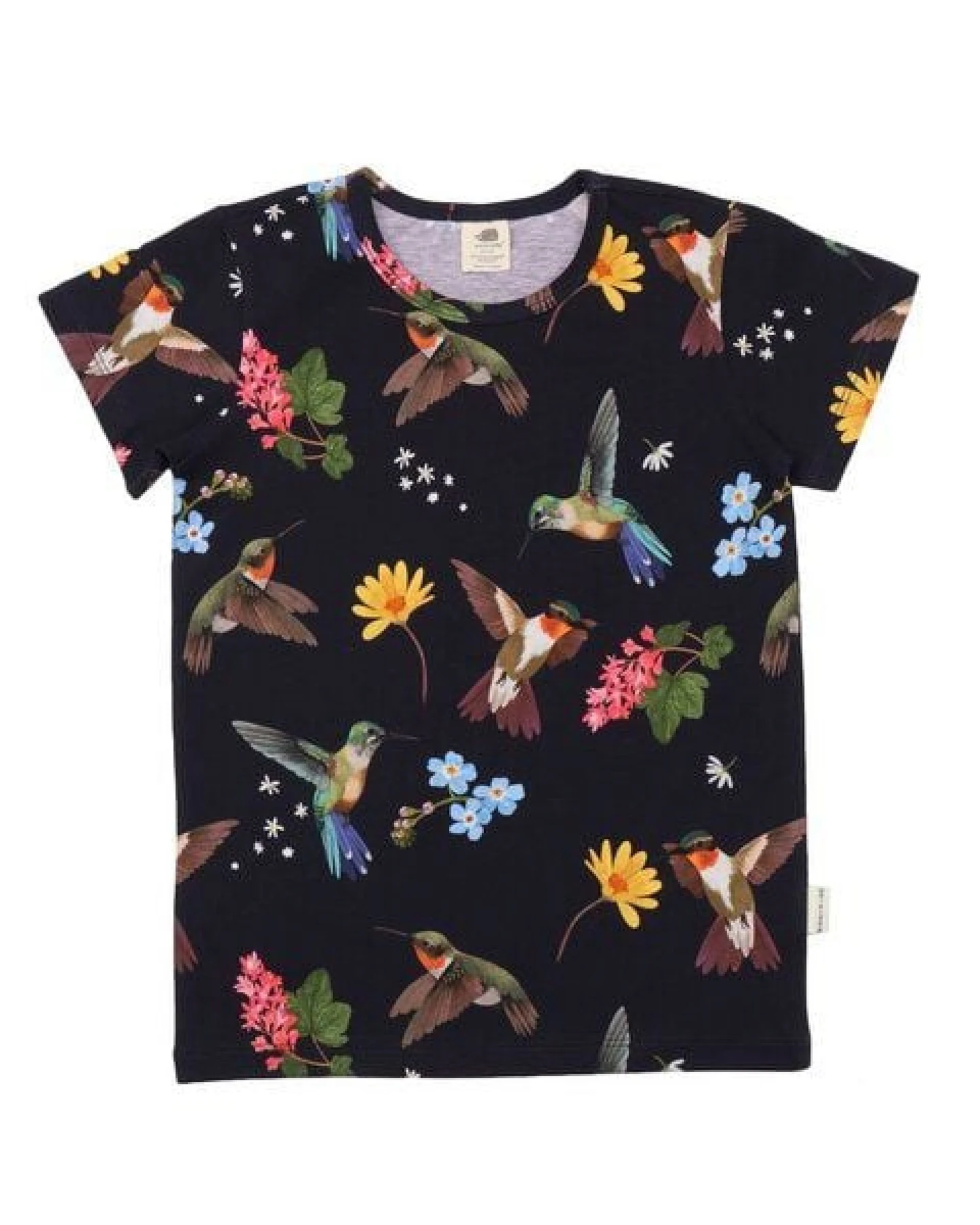 Kinder T-Shirt aus Bio-Baumwolle schwarz mit Kolibri- und Blumen-Motiv – Walkiddy – Ansicht 3