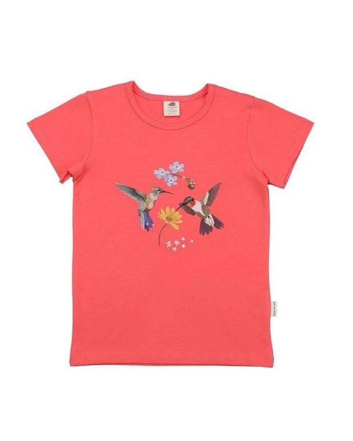 Kinder T-Shirt GOTS zertifiziert, Bio-Baumwolle, korallrot, Kolibri-Blumen-Print, weich & bequem – Walkiddy