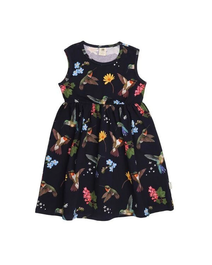 Mädchen Kleid – Bio-Baumwolle, ärmellos, Dunkelblau mit Kolibri- & Blumenprint, bequem