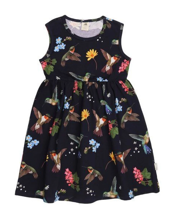 Mädchen Kleid – Bio-Baumwolle, ärmellos, Dunkelblau mit Kolibri- & Blumenprint, bequem