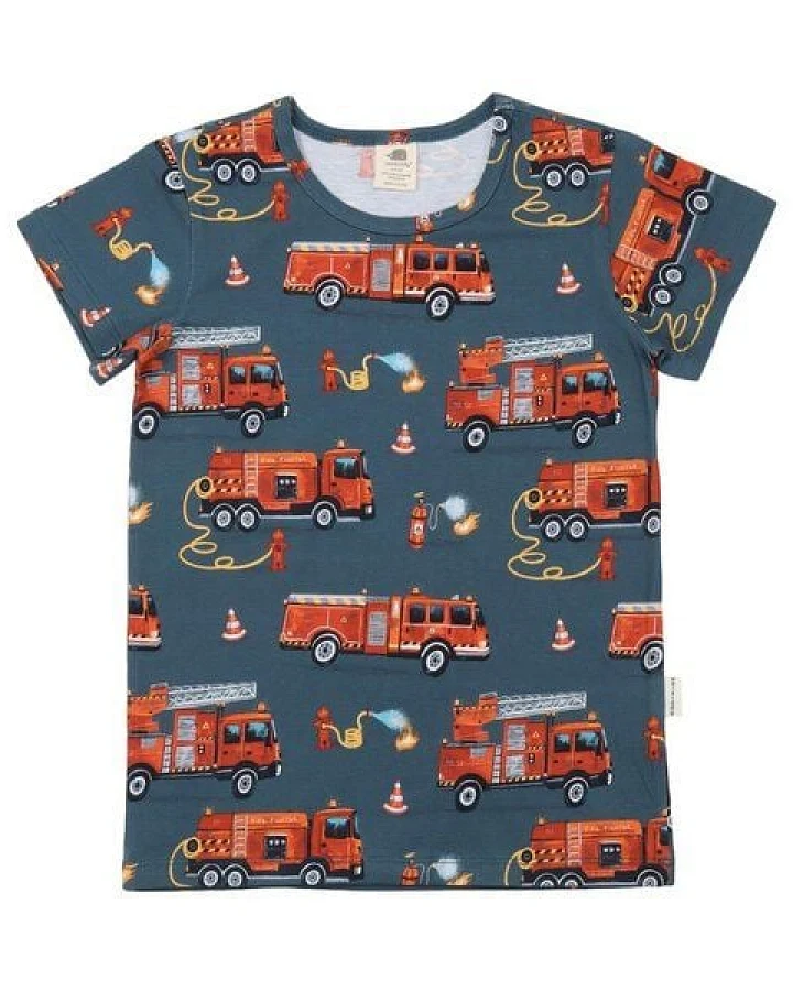 Kinder T-Shirt GOTS-zertifiziert aus Bio-Baumwolle blau mit Feuerwehr-Motiv – Walkiddy