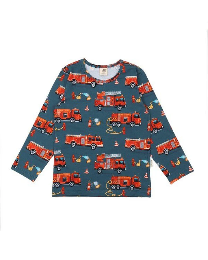 Kinder Langarmshirt Bio-Baumwolle Fire Fighters, GOTS-zertifiziert – Walkiddy, weicher Jersey mit Feuerwehr-Allover