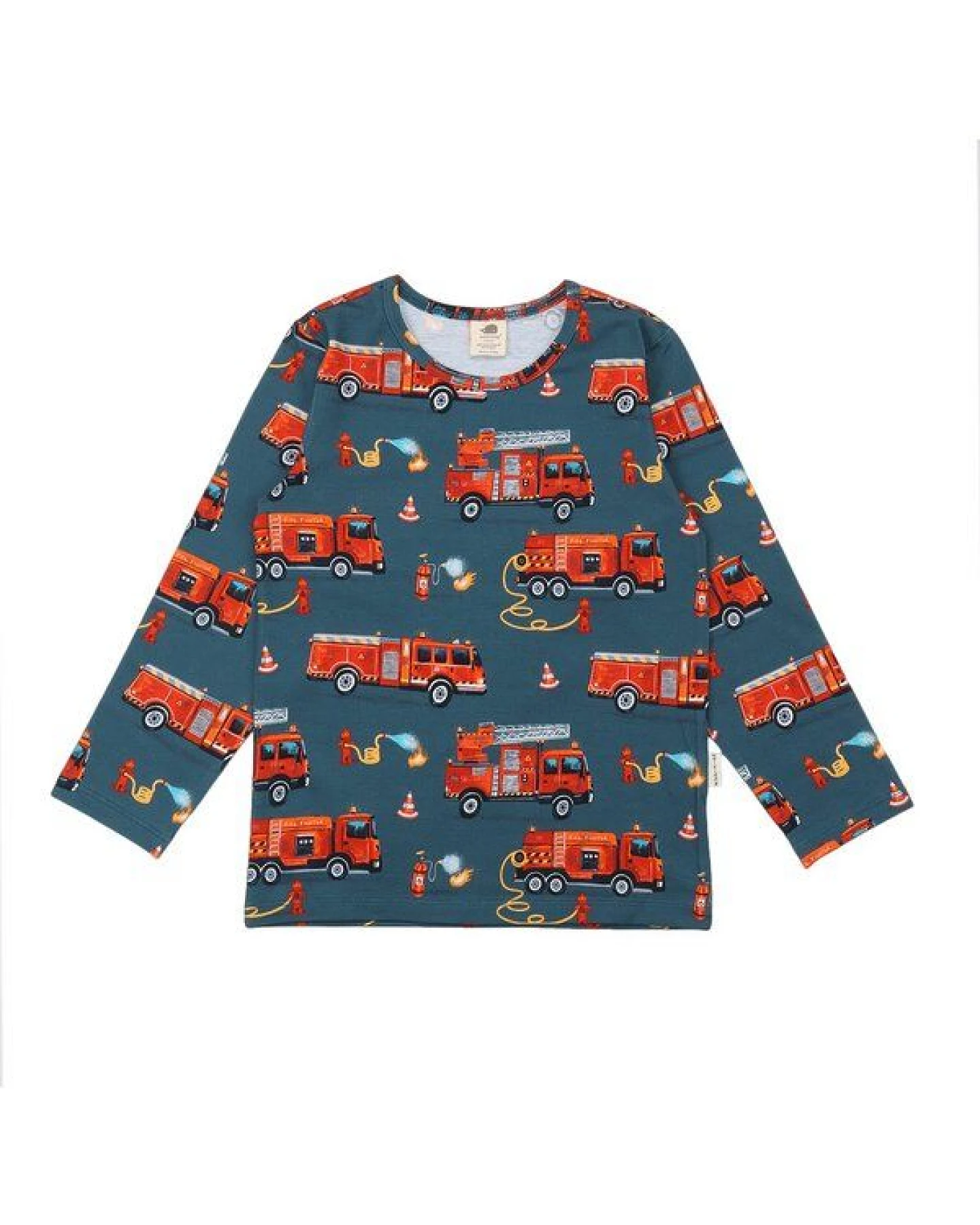 Kinder Langarmshirt Bio-Baumwolle Fire Fighters, GOTS-zertifiziert – Walkiddy, weicher Jersey mit Feuerwehr-Allover – Ansicht 2