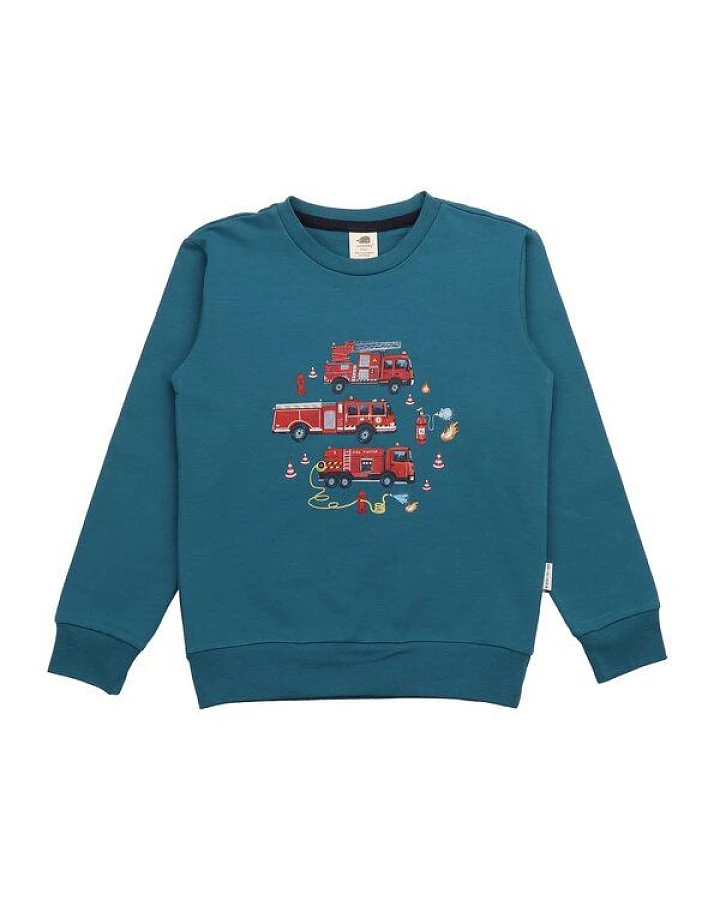 Kinder Sweatshirt GOTS-zertifiziert aus Bio-Baumwolle, petrol mit Feuerwehr-Motiv, langarm – Walkiddy, weich, hautfreundlich & alltagstauglich