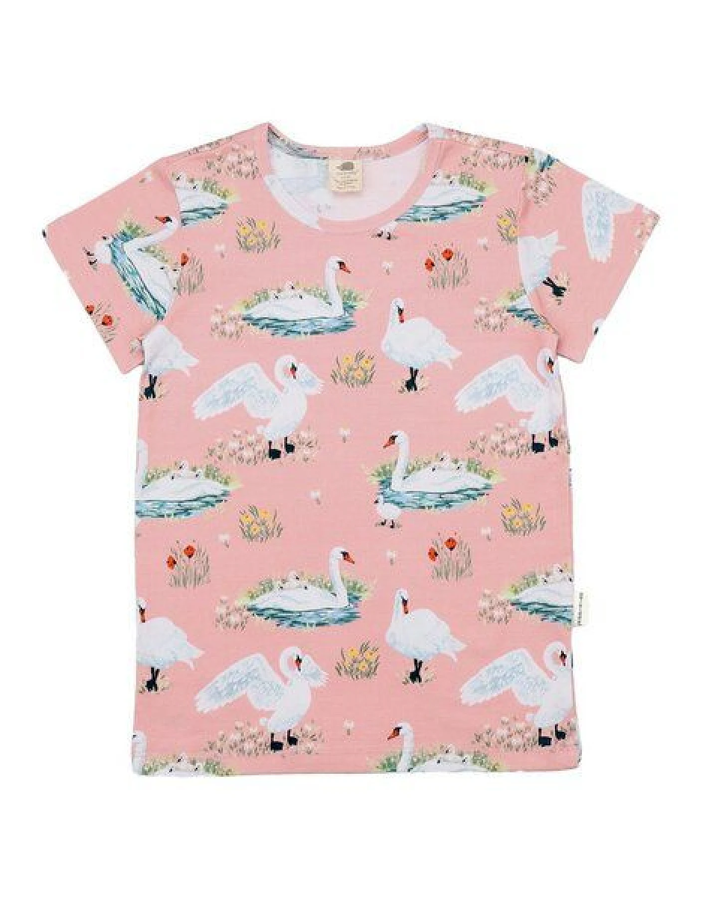 Kinder T-Shirt Bio-Baumwolle GOTS Swans in Spring von Walkiddy, weiches Kurzarmshirt mit Schwanenprint, nachhaltig, hautfreundlich, ideal für empfindliche Kinderhaut und täglichen Komfort – Ansicht 3