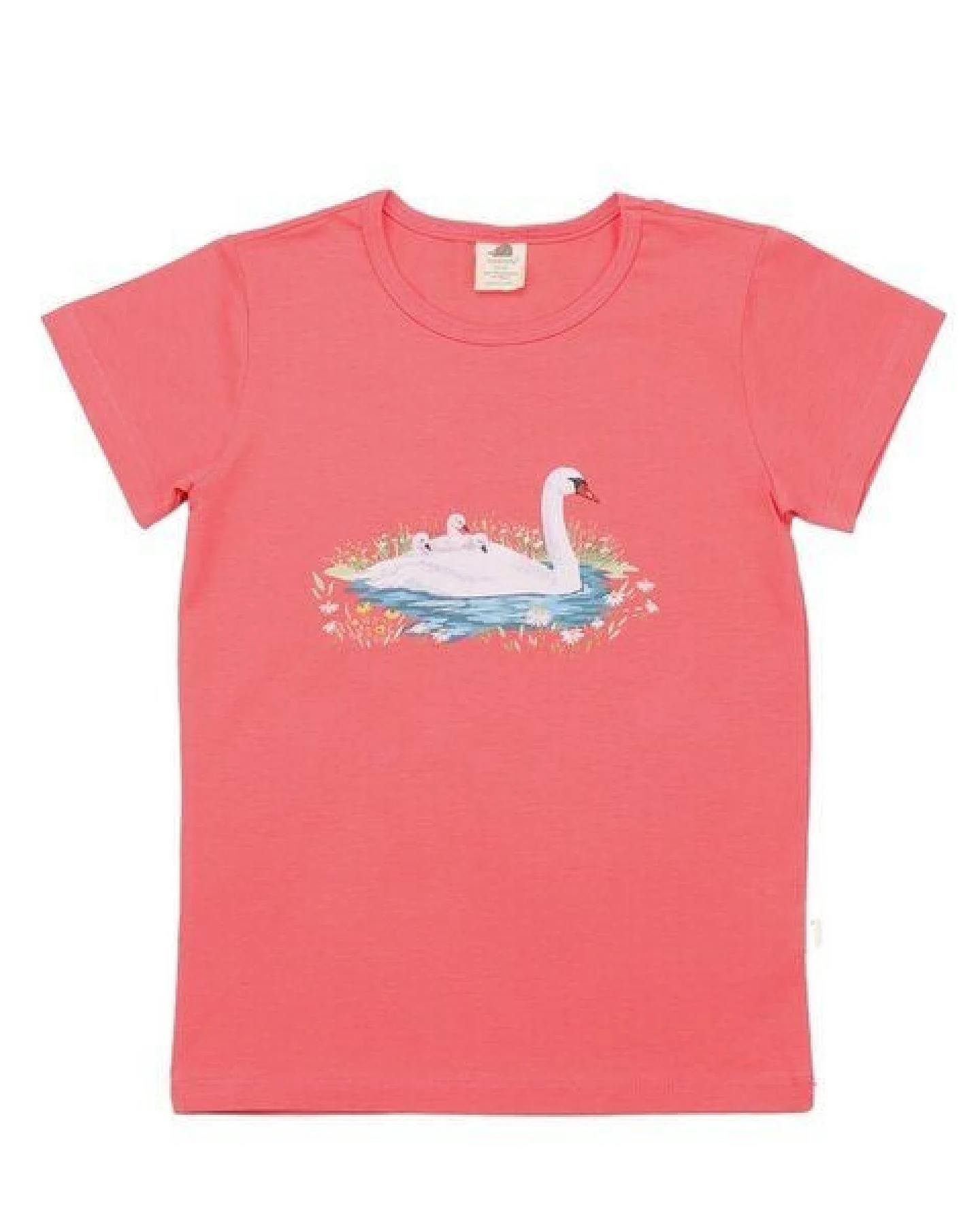 Kinder T-Shirt GOTS-zertifiziert aus Bio-Baumwolle, korallrosa mit Schwanenmotiv „Swans in Spring“, kurzarm – Walkiddy, weich & hautfreundlich – Ansicht 2